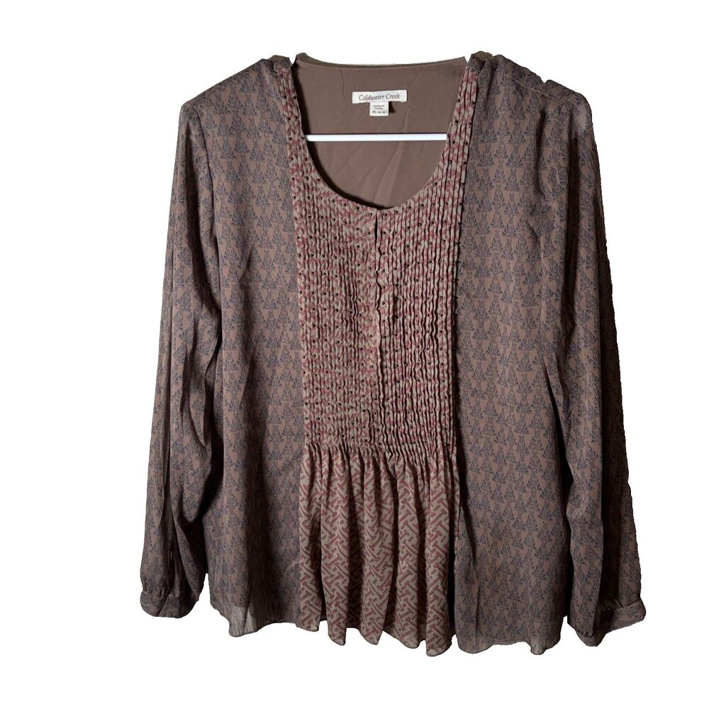 Coldwater Creek Blouse Women's Petite Large Brown Pleated Long Sleeve Shirt